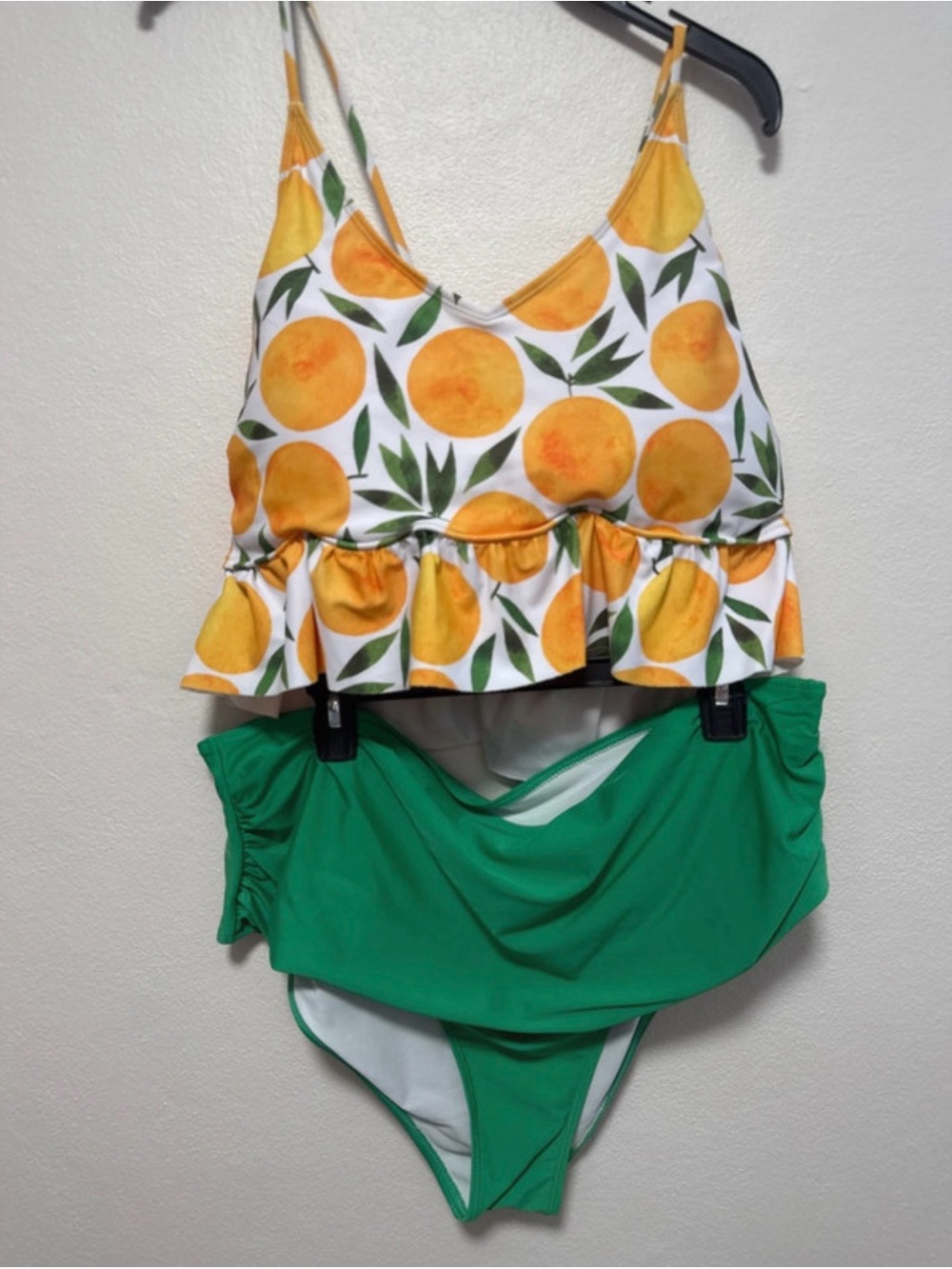SHEIN Yellow Orange Fruit Print Ruffle Tankini with Green Bottoms